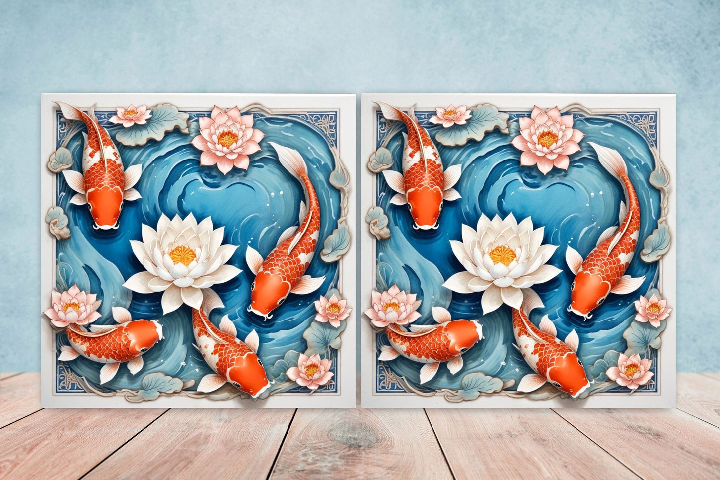 Koi Fish Ceramic Tile - Japanese Tiles -Set of 2 Wall Decor Tiles -Kitchen Backsplash Tiles,Table Decorative Tiles,Bathroom, Coaster