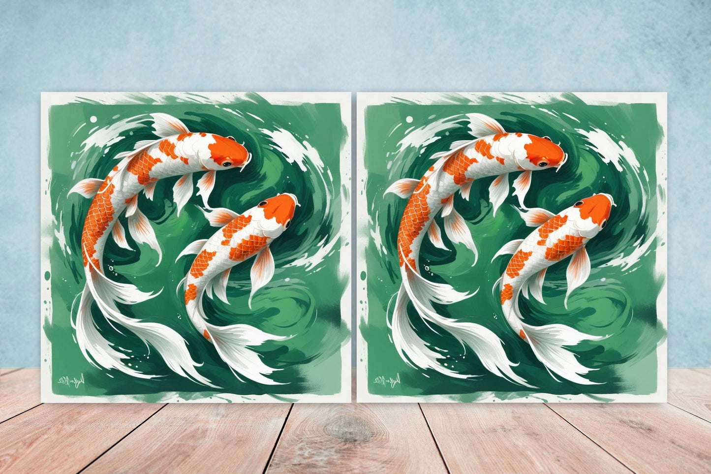 Koi Fish Ceramic Tile - Japanese Tiles -Set of 2 Wall Decor Tiles -Kitchen Backsplash Tiles,Table Decorative Tiles,Bathroom, Coaster