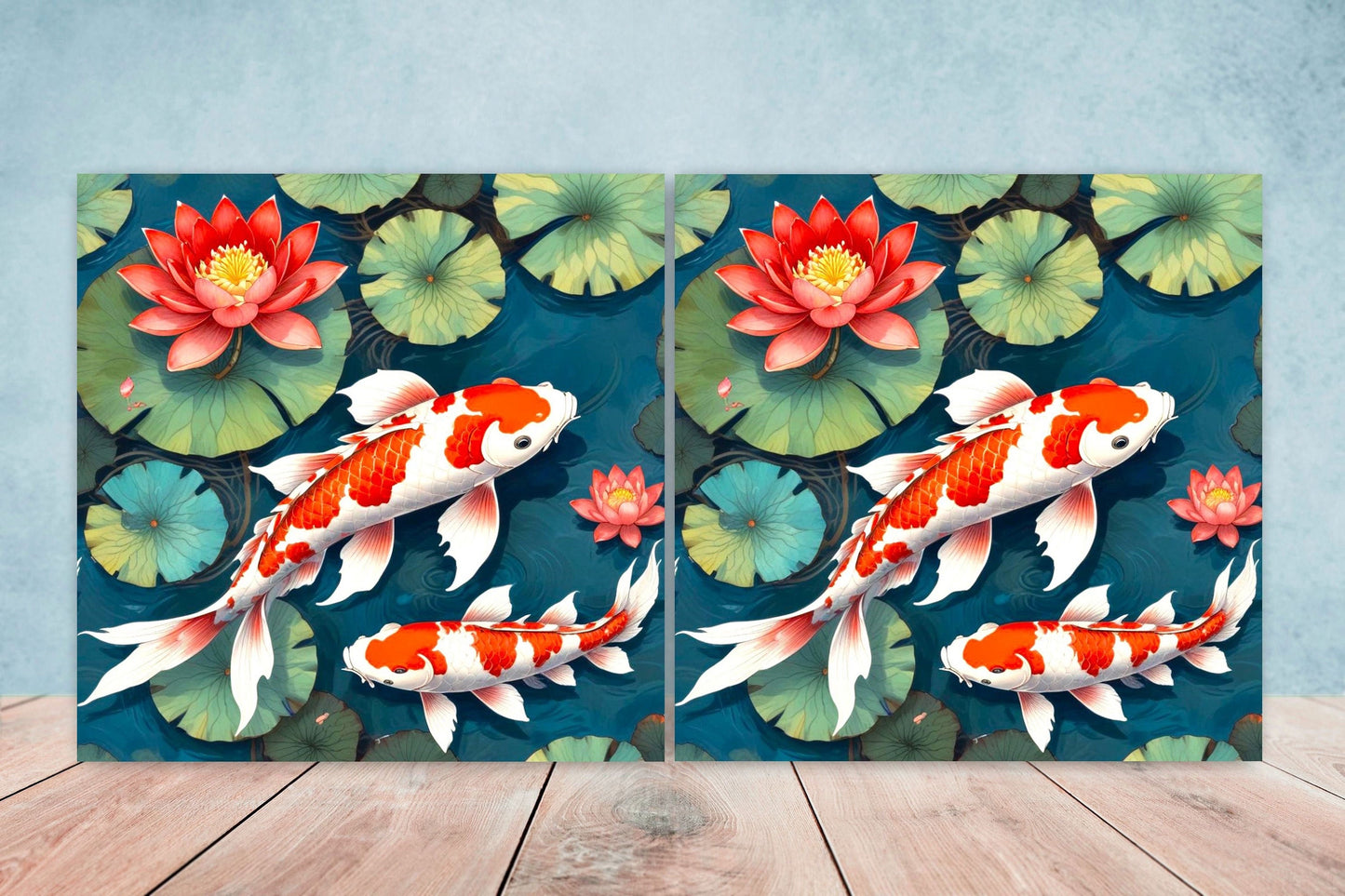 Koi Fish Ceramic Tile - Japanese Tiles -Set of 2 Wall Decor Tiles -Kitchen Backsplash Tiles,Table Decorative Tiles,Bathroom, Coaster