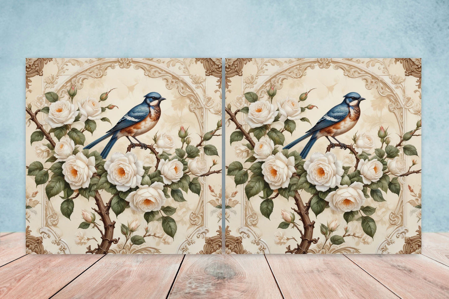 Victorian Tiles - Set of 2 Victorian Wall Decor Ceramic Bird Tiles-Kitchen Backsplash Tiles, Table Decorative Tiles, Bathroom Tiles, Coaster