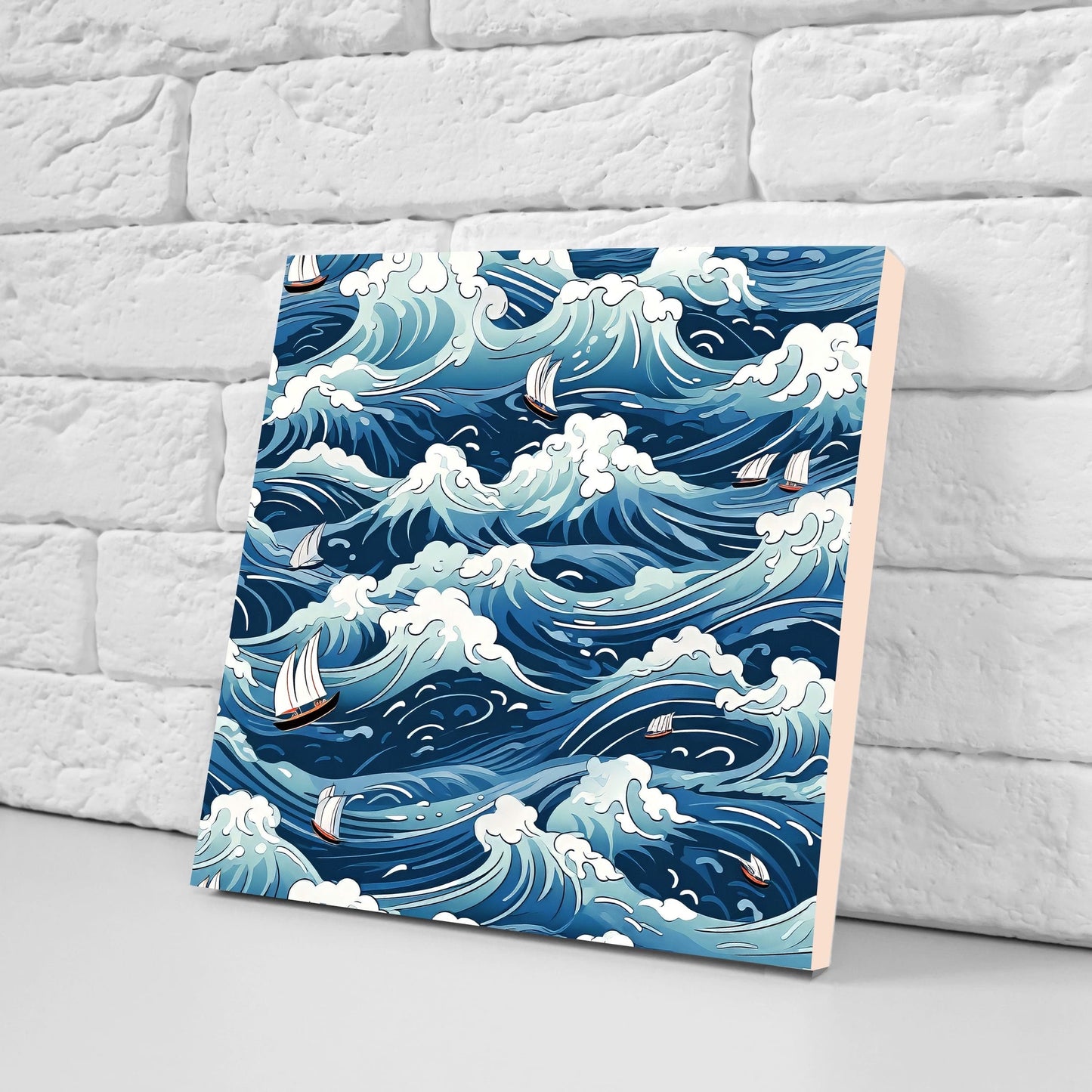 Japanese Wave Ceramic Tiles - Set of 2 Japan Wall Decor Tiles - Kitchen Backsplash Tiles, Table Decorative Tiles, Bathroom Tiles, Coaster