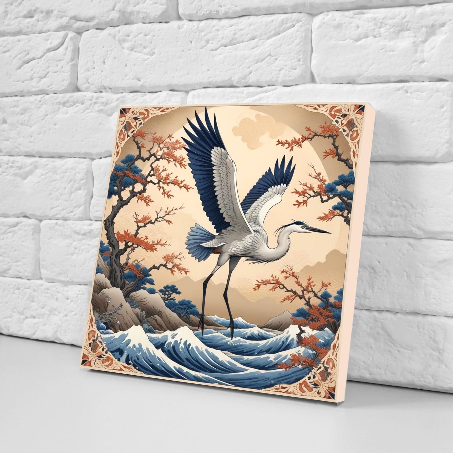 Japanese Ceramic Tiles - Set of 2 Heron Bird Wall Decor Tiles - Kitchen Backsplash Tiles, Table Decorative Tiles, Bathroom Tiles, Coaster