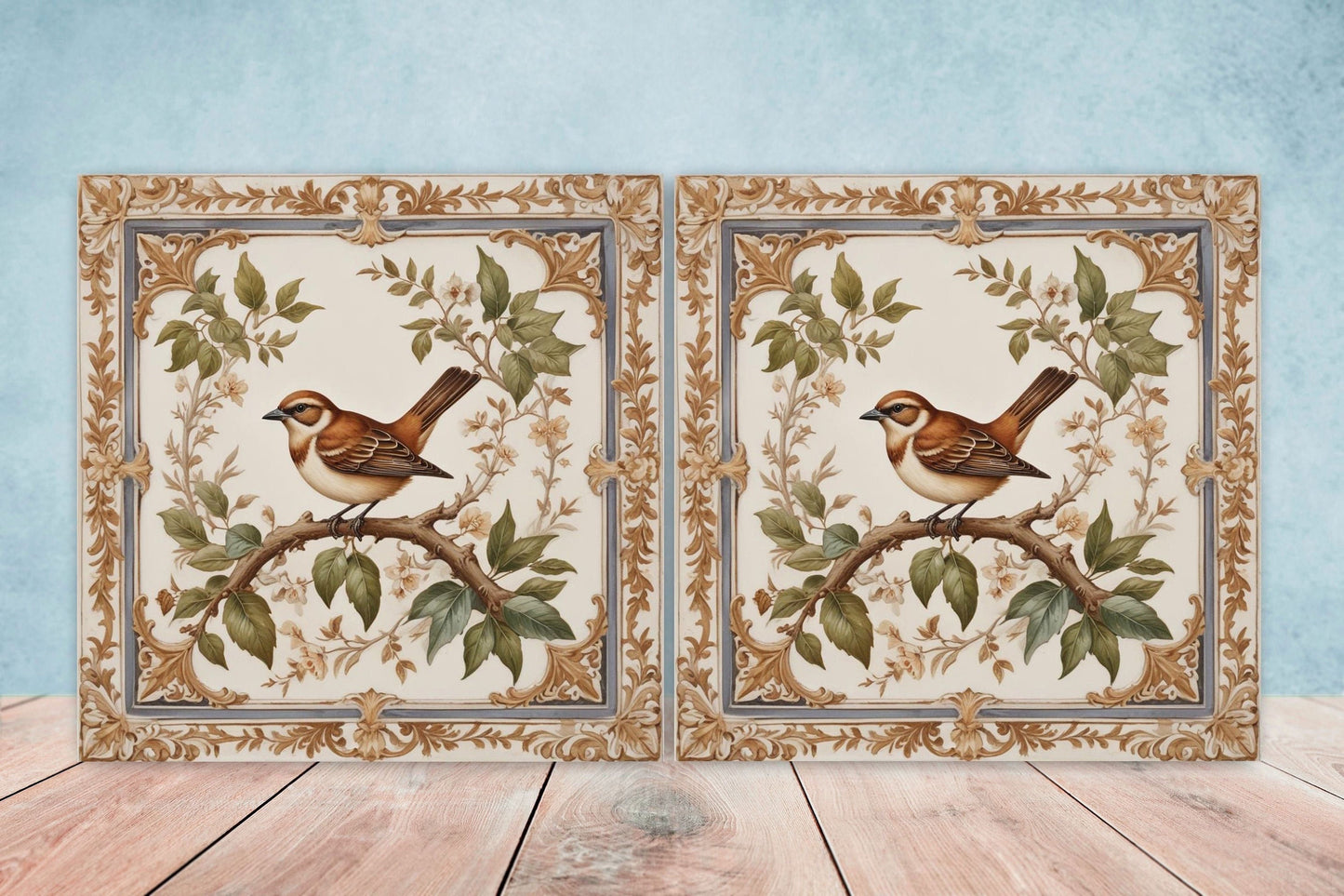 Victorian Tiles - Set of 2 Victorian Wall Decor Ceramic Bird Tiles-Kitchen Backsplash Tiles, Table Decorative Tiles, Bathroom Tiles, Coaster