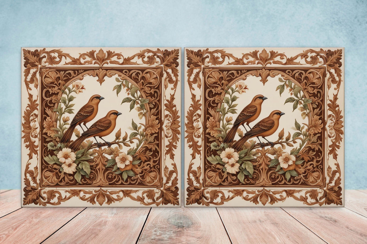 Victorian Tiles - Set of 2 Victorian Wall Decor Ceramic Bird Tiles-Kitchen Backsplash Tiles, Table Decorative Tiles, Bathroom Tiles, Coaster