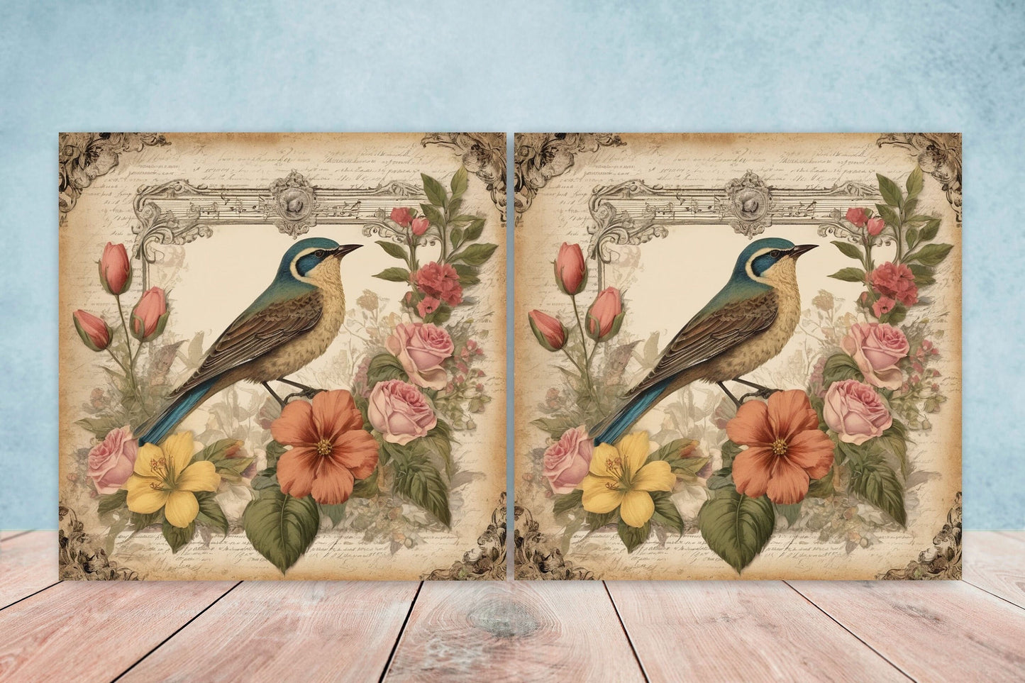 Victorian Tiles - Set of 2 Victorian Wall Decor Ceramic Bird Tiles-Kitchen Backsplash Tiles, Table Decorative Tiles, Bathroom Tiles, Coaster