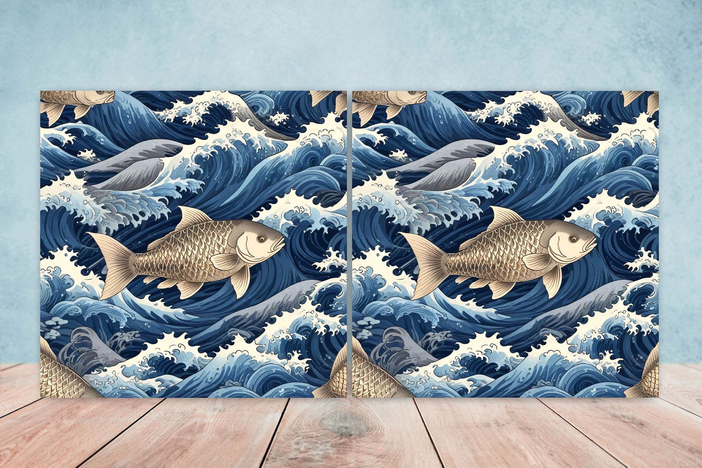 Carp Fish Ceramic Tile - Japanese Wave Tiles -Set of 2 Wall Decor Tiles -Kitchen Backsplash Tiles,Table Decorative Tiles,Bathroom, Coaster