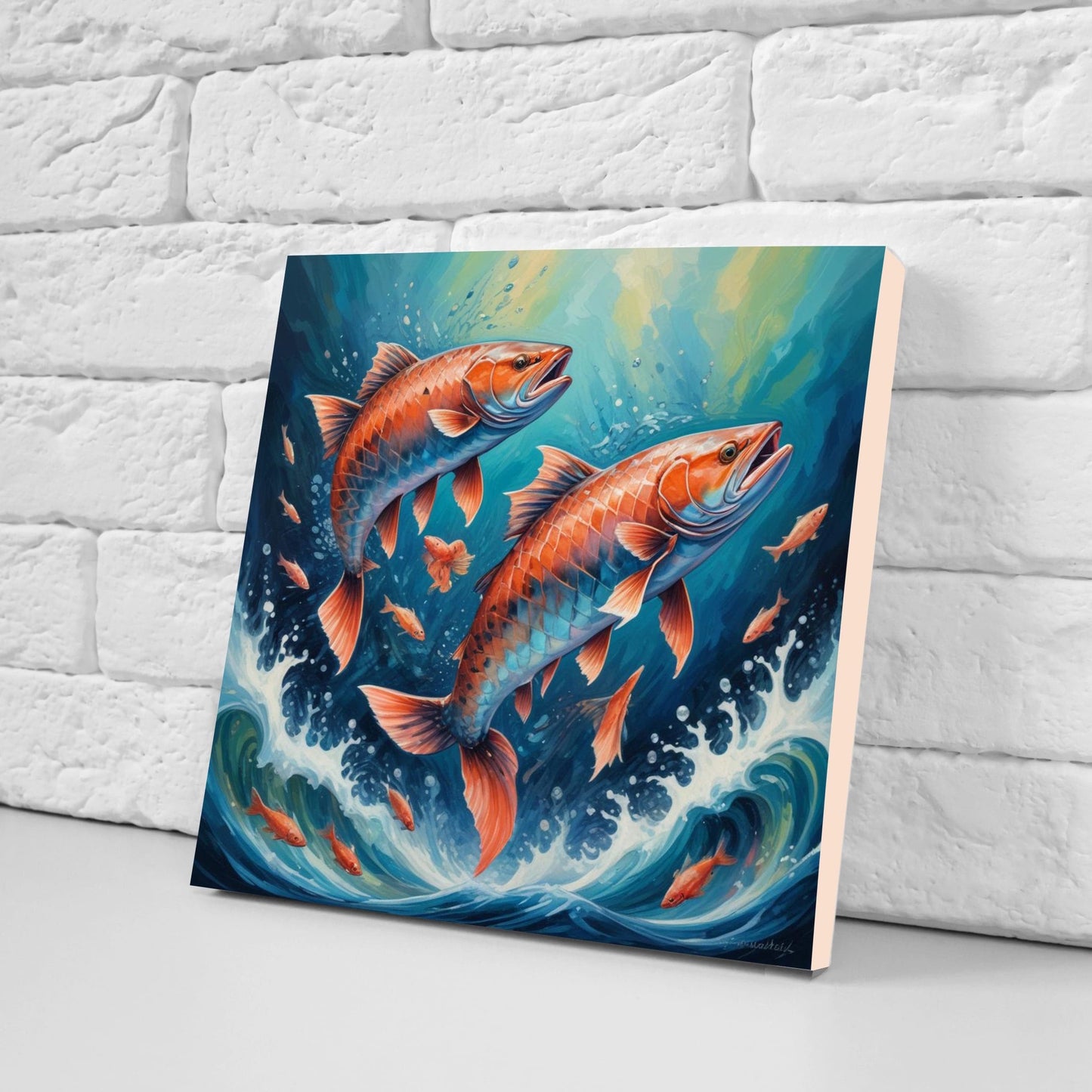 Salmon Fish Ceramic Tile - Japanese Wave Tiles -Set of 2 Wall Decor Tiles -Kitchen Backsplash Tiles,Table Decorative Tiles,Bathroom, Coaster