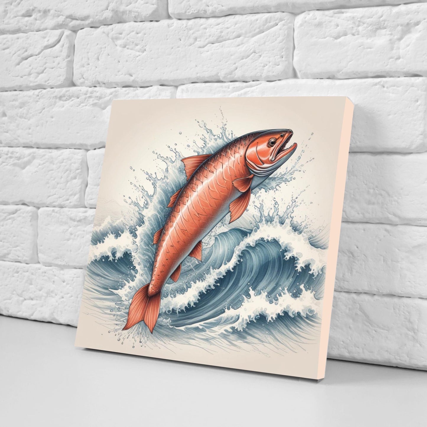 Salmon Fish Ceramic Tile - Japanese Wave Tiles -Set of 2 Wall Decor Tiles -Kitchen Backsplash Tiles,Table Decorative Tiles,Bathroom, Coaster