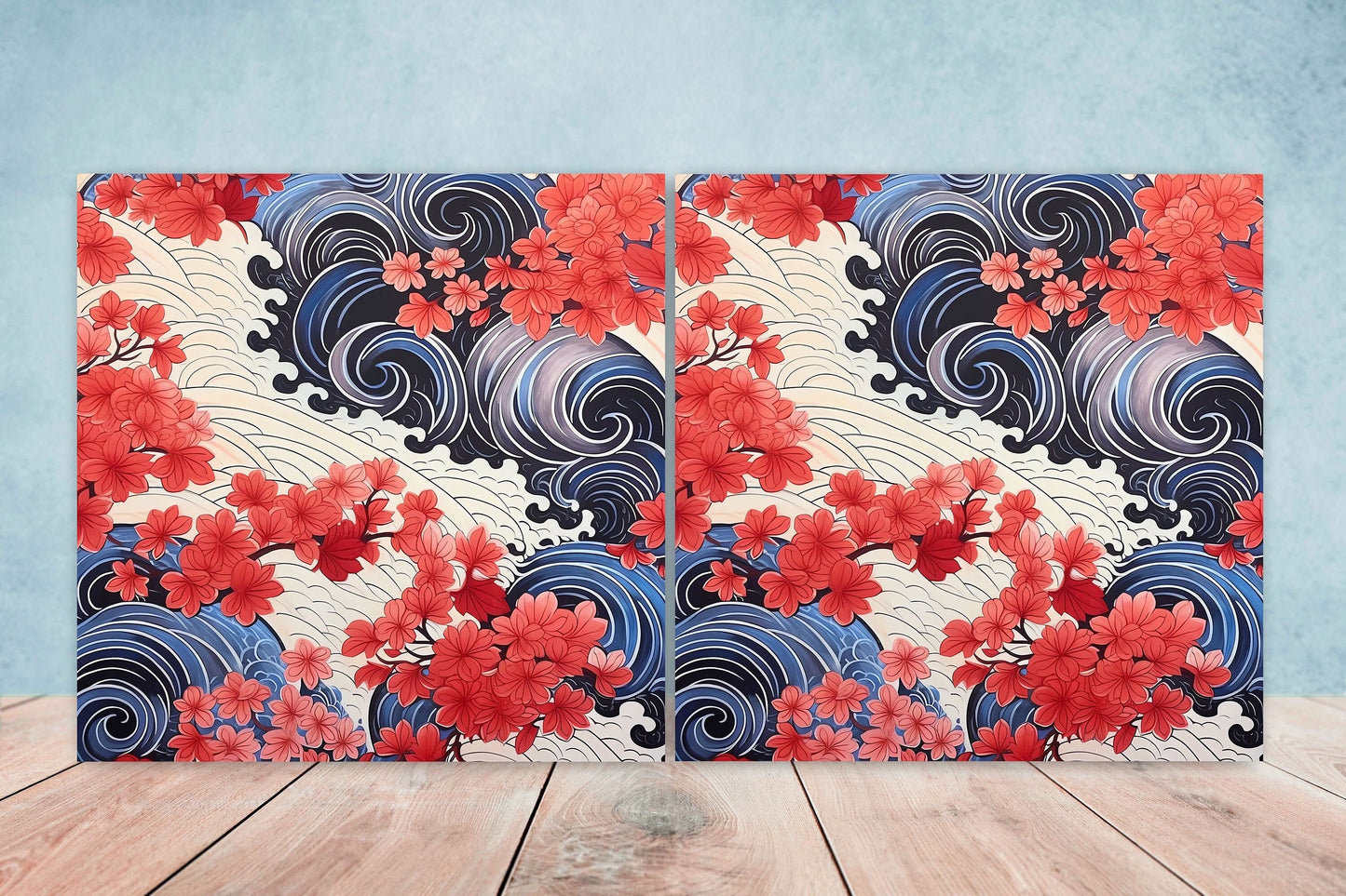 Japanese Ceramic Tiles Cherry Blossom Flower Design - Set of 2 Wall Décor Tiles - Kitchen Backsplash Tiles, Decorative Tiles, Bathroom Tiles