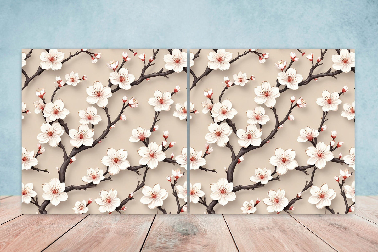 Japanese Ceramic Tiles Cherry Blossom Flower Design - Set of 2 Wall Décor Tiles - Kitchen Backsplash Tiles, Decorative Tiles, Bathroom Tiles
