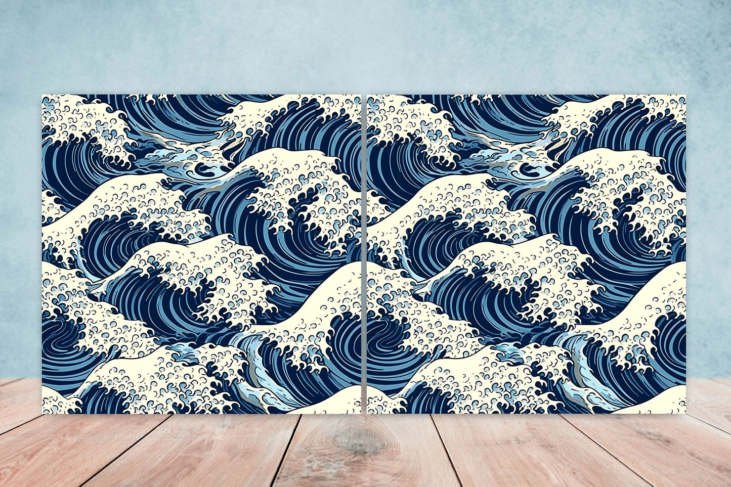 Japanese Wave Ceramic Tiles - Set of 2 Japan Wall Decor Tiles - Kitchen Backsplash Tiles, Table Decorative Tiles, Bathroom Tiles, Coaster