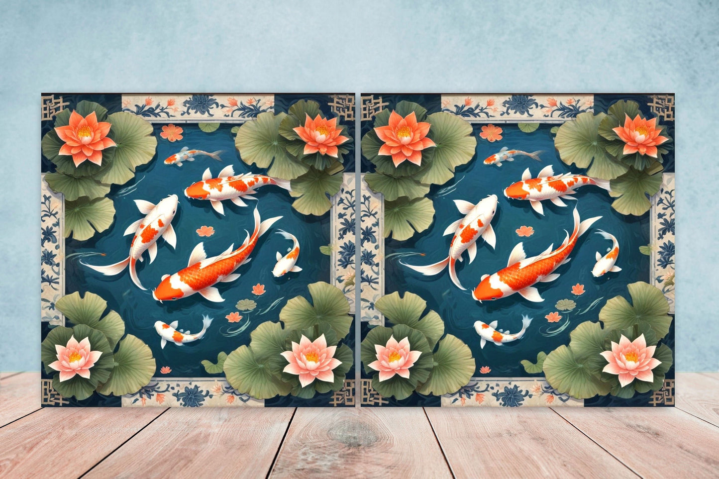 Koi Fish Ceramic Tile - Japanese Tiles -Set of 2 Wall Decor Tiles -Kitchen Backsplash Tiles,Table Decorative Tiles,Bathroom, Coaster