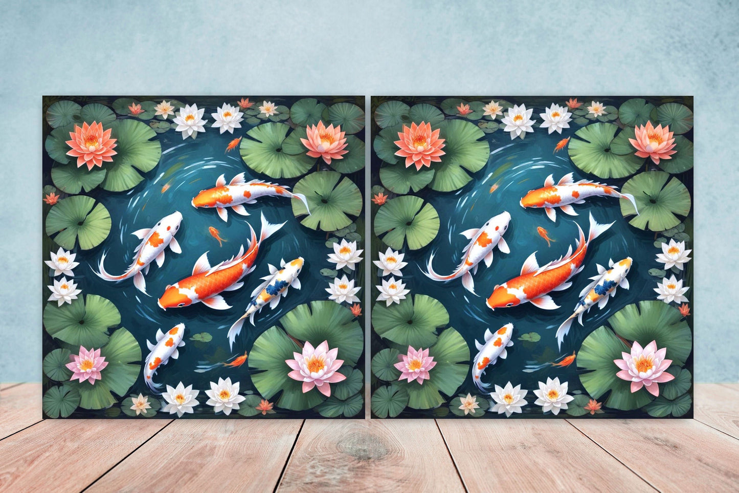 Koi Fish Ceramic Tile - Japanese Tiles -Set of 2 Wall Decor Tiles -Kitchen Backsplash Tiles,Table Decorative Tiles,Bathroom, Coaster