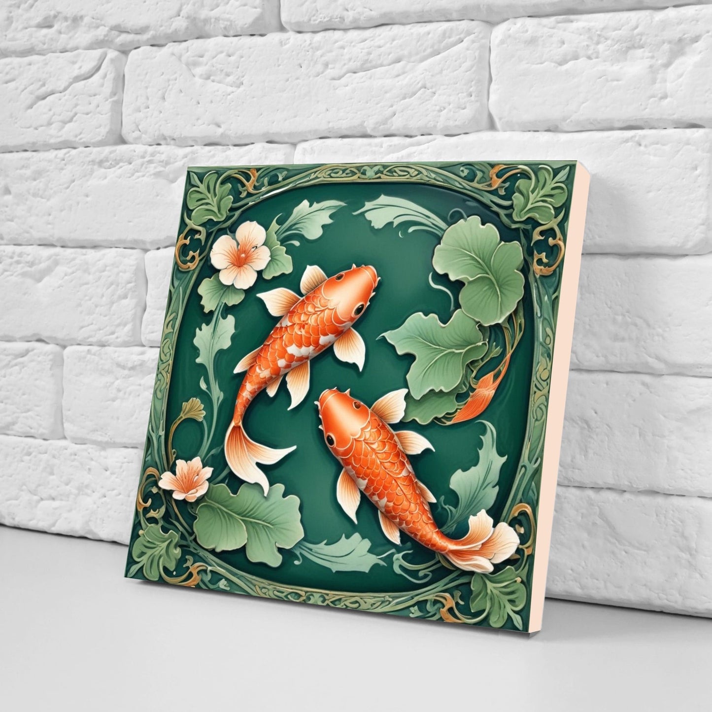 Koi Fish Ceramic Tile - Japanese Tiles -Set of 2 Wall Decor Tiles -Kitchen Backsplash Tiles,Table Decorative Tiles,Bathroom, Coaster