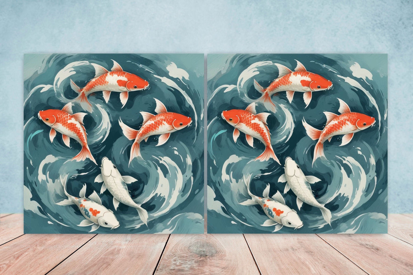 Koi Fish Ceramic Tile - Japanese Tiles -Set of 2 Wall Decor Tiles -Kitchen Backsplash Tiles,Table Decorative Tiles,Bathroom, Coaster