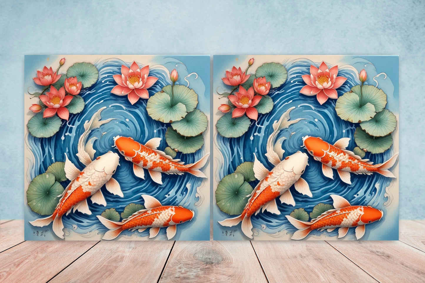 Koi Fish Ceramic Tile - Japanese Tiles -Set of 2 Wall Decor Tiles -Kitchen Backsplash Tiles,Table Decorative Tiles,Bathroom, Coaster