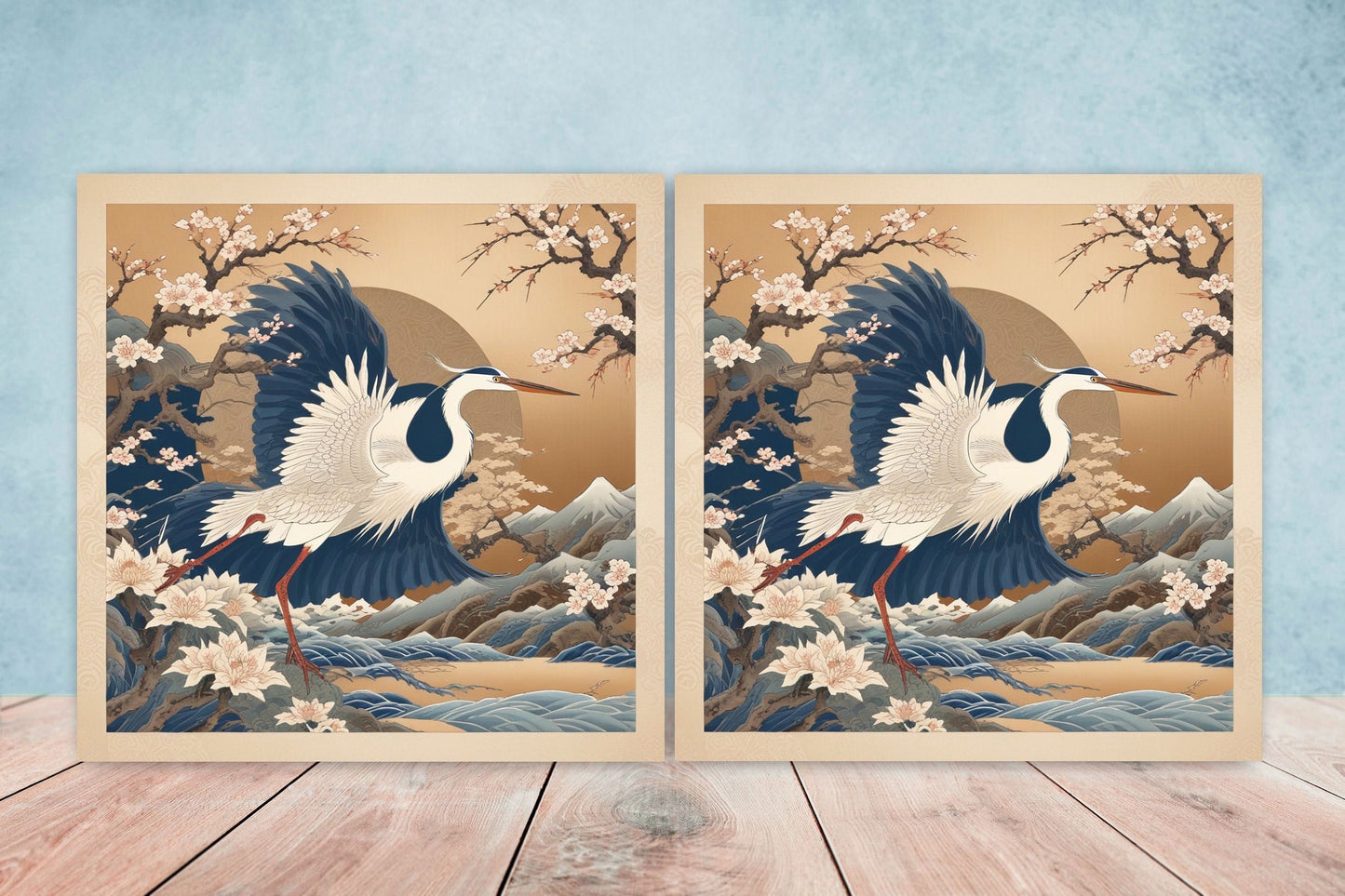 Japanese Ceramic Tiles - Set of 2 Heron Bird Wall Decor Tiles - Kitchen Backsplash Tiles, Table Decorative Tiles, Bathroom Tiles, Coaster
