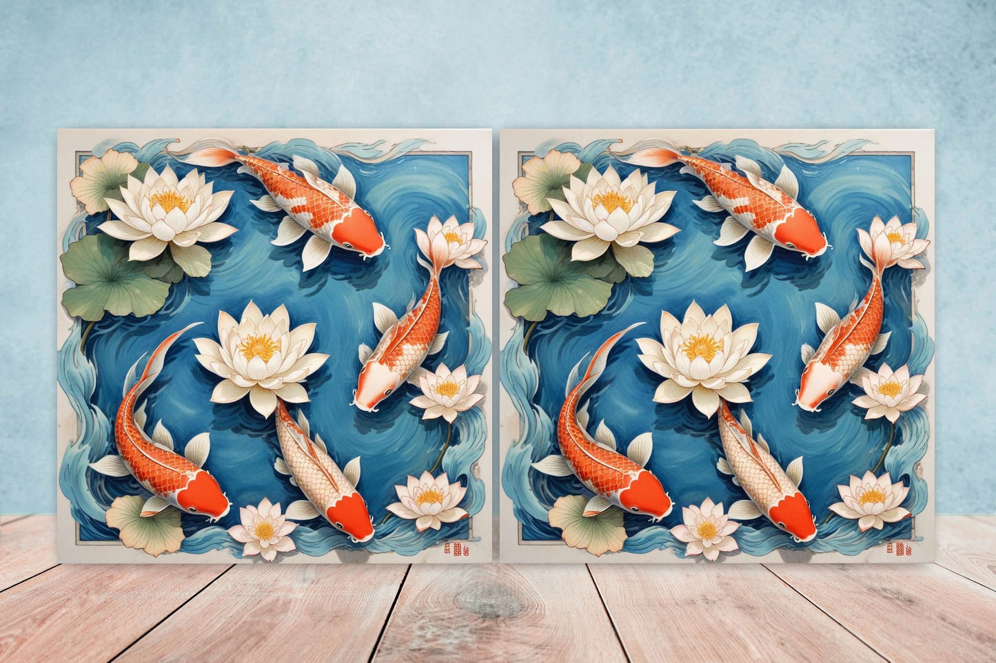 Koi Fish Ceramic Tile - Japanese Tiles -Set of 2 Wall Decor Tiles -Kitchen Backsplash Tiles,Table Decorative Tiles,Bathroom, Coaster
