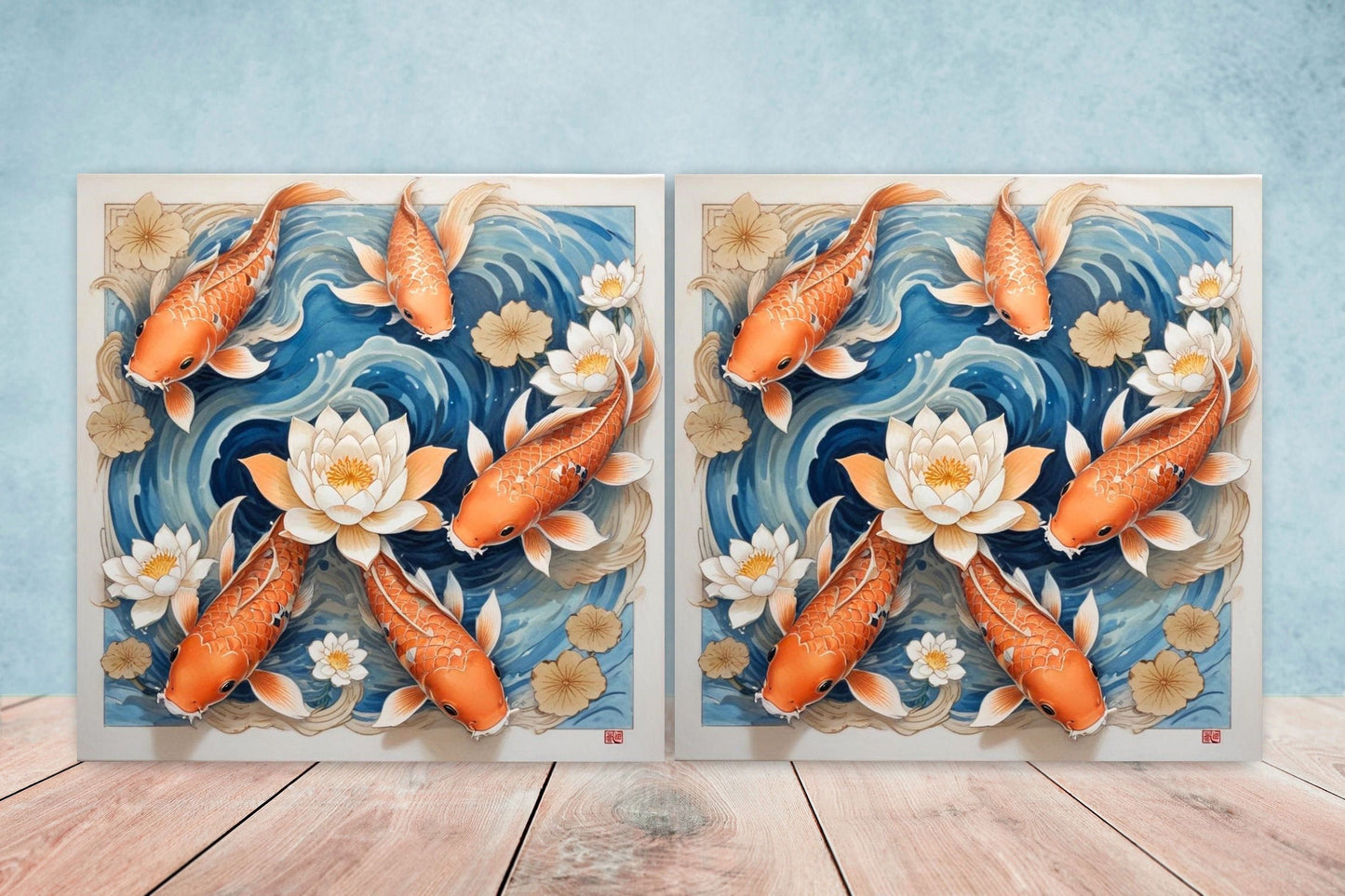 Koi Fish Ceramic Tile - Japanese Tiles -Set of 2 Wall Decor Tiles -Kitchen Backsplash Tiles,Table Decorative Tiles,Bathroom, Coaster