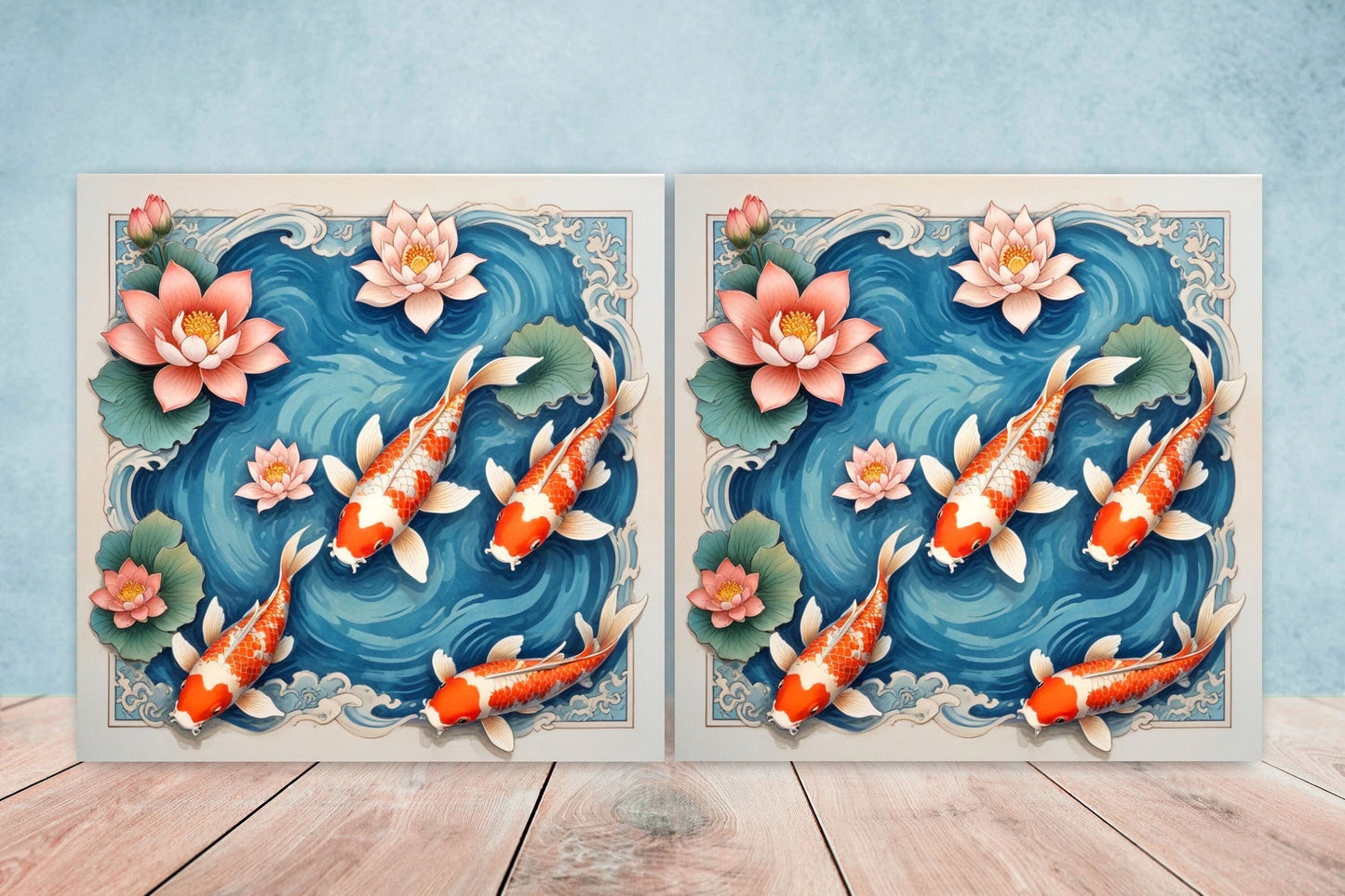 Koi Fish Ceramic Tile - Japanese Tiles -Set of 2 Wall Decor Tiles -Kitchen Backsplash Tiles,Table Decorative Tiles,Bathroom, Coaster