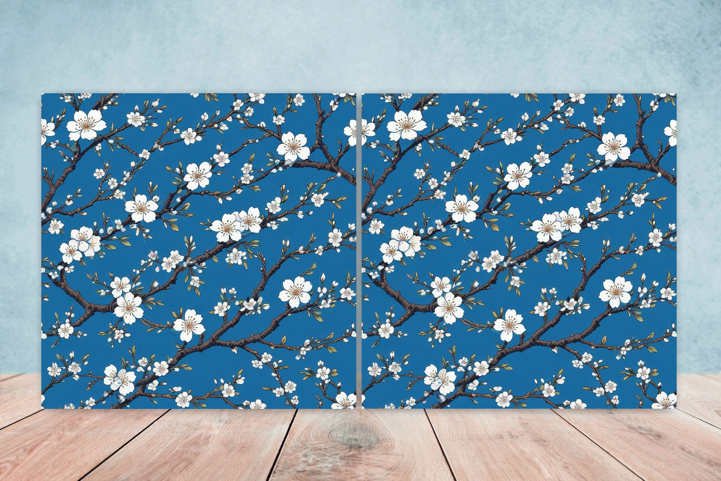Japanese Ceramic Tiles Cherry Blossom Flower Design - Set of 2 Wall Décor Tiles - Kitchen Backsplash Tiles, Decorative Tiles, Bathroom Tiles
