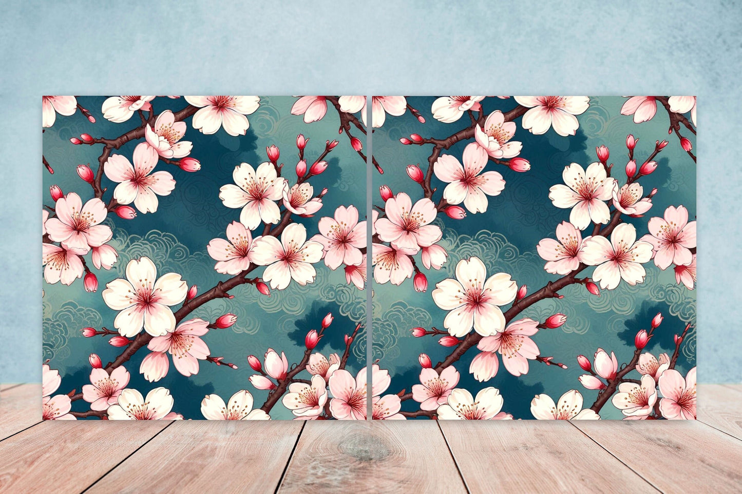 Japanese Ceramic Tiles Cherry Blossom Flower Design - Set of 2 Wall Décor Tiles - Kitchen Backsplash Tiles, Decorative Tiles, Bathroom Tiles