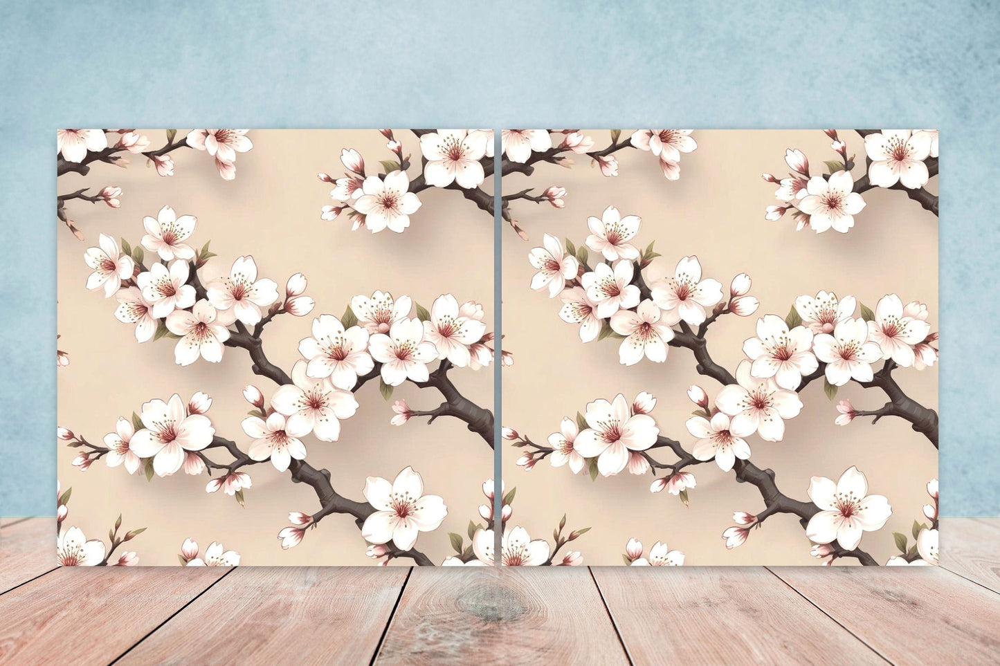 Japanese Ceramic Tiles Cherry Blossom Flower Design - Set of 2 Wall Décor Tiles - Kitchen Backsplash Tiles, Decorative Tiles, Bathroom Tiles