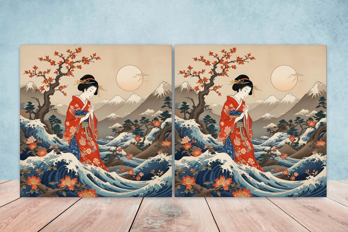 Japanese Ceramic Tiles - Japanese Geisha -Set of 2 Wall Decor Flower tiles -Kitchen Backsplash Tiles,Table Decorative Tiles,Bathroom,Coaster