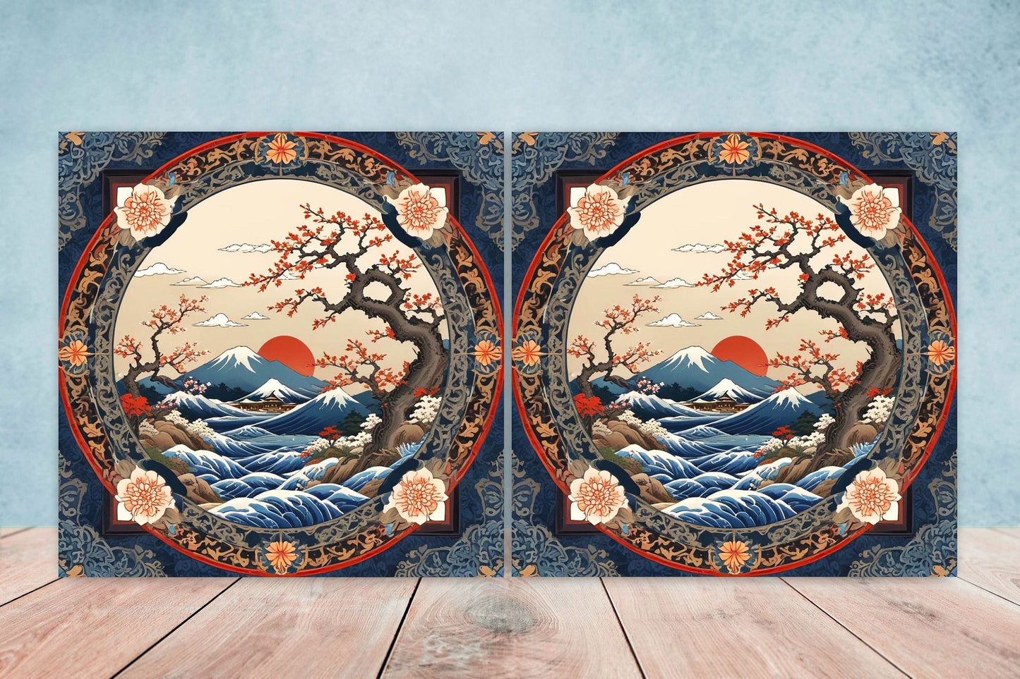 Japanese Ceramic Tiles - Japanese Landscape -Set of 2 Wall Decor Tiles -Kitchen Backsplash Tiles,Table Decorative Tiles,Bathroom, Coaster