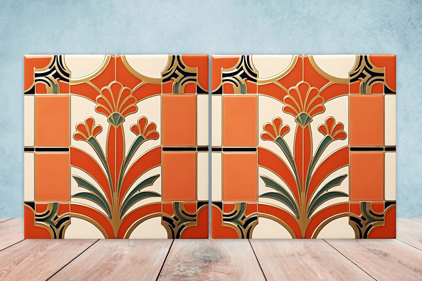 Art Deco Ceramic tiles - Set of 2 Art Deco Wall Decor Geometric Tiles - Kitchen Backsplash Tiles, Table Decorative Tiles, Bathroom Tiles