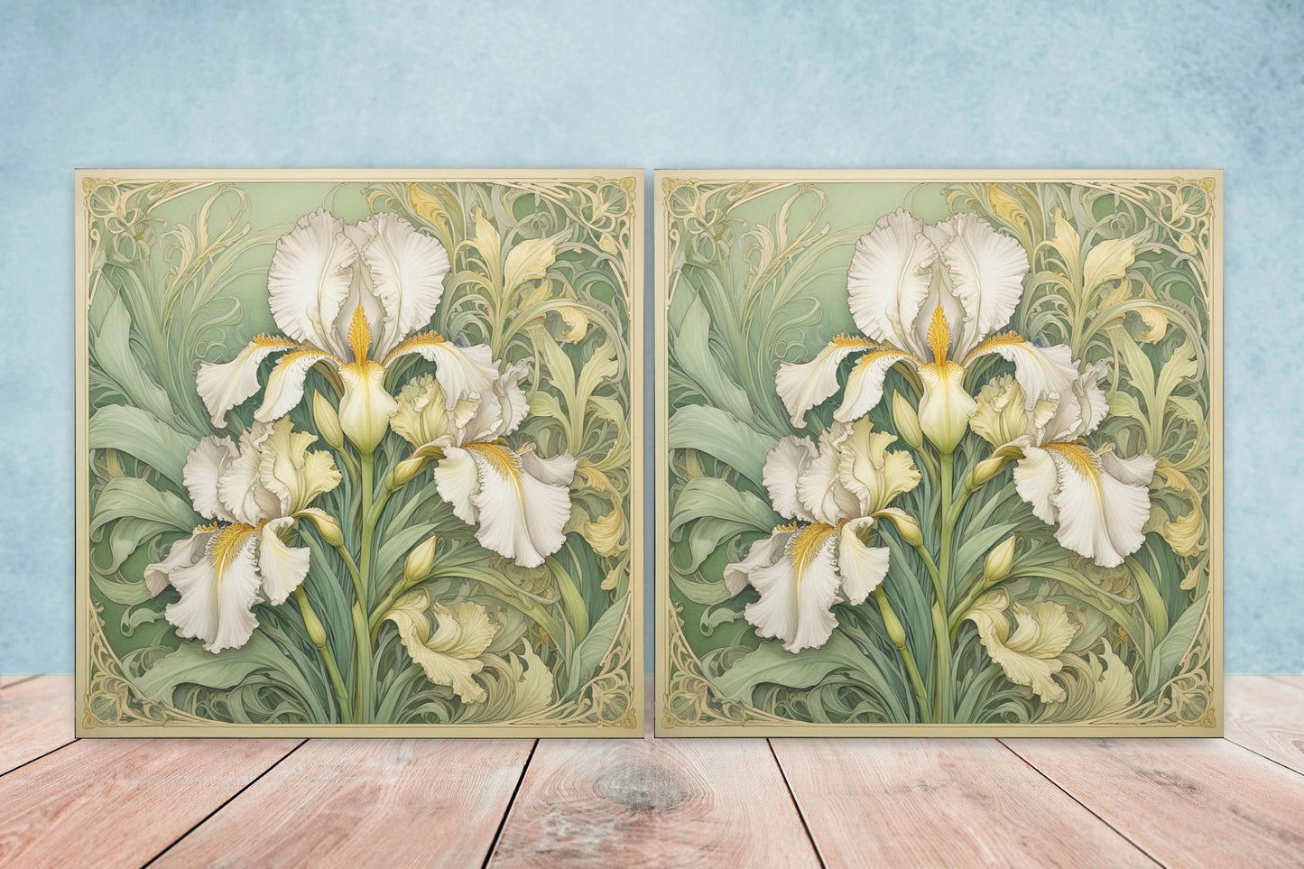 Art Nouveau Flower Ceramic Tiles - Set of 2 Art Nouveau Wall Decor Tiles - Kitchen Backsplash Tiles, Table Decorative Tiles, Bathroom Tiles