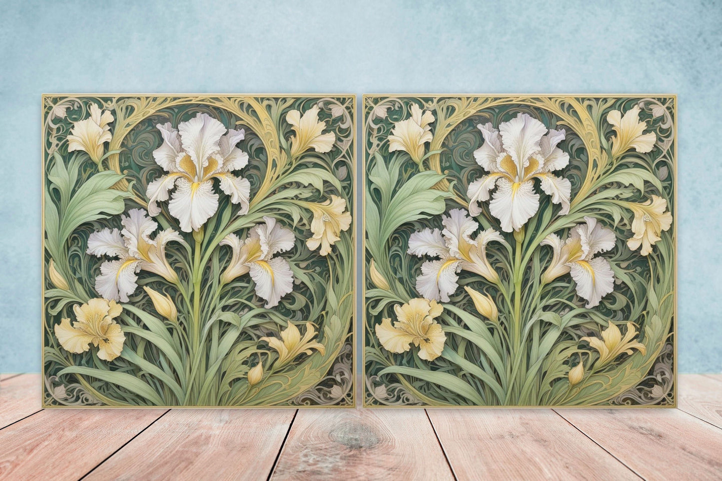 Art Nouveau Flower Ceramic Tiles - Set of 2 Art Nouveau Wall Decor Tiles - Kitchen Backsplash Tiles, Table Decorative Tiles, Bathroom Tiles