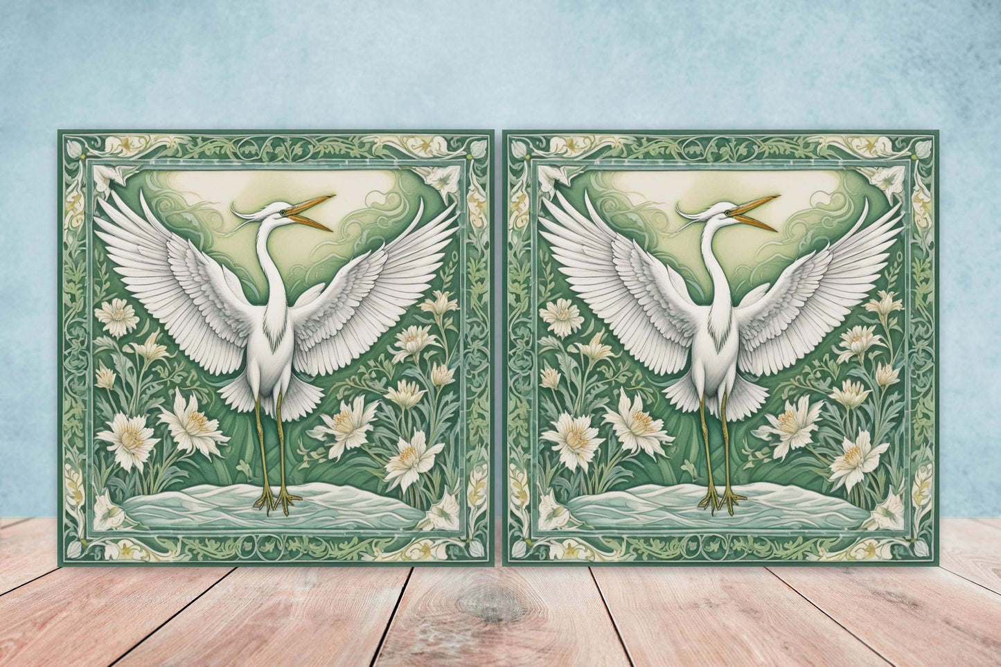 Art Nouveau Heron Ceramic tiles -Set of 2 Art Nouveau Bird Wall Decor Tiles, Bird Tiles, Bird Art - Kitchen Backsplash Tiles, Bathroom Tiles
