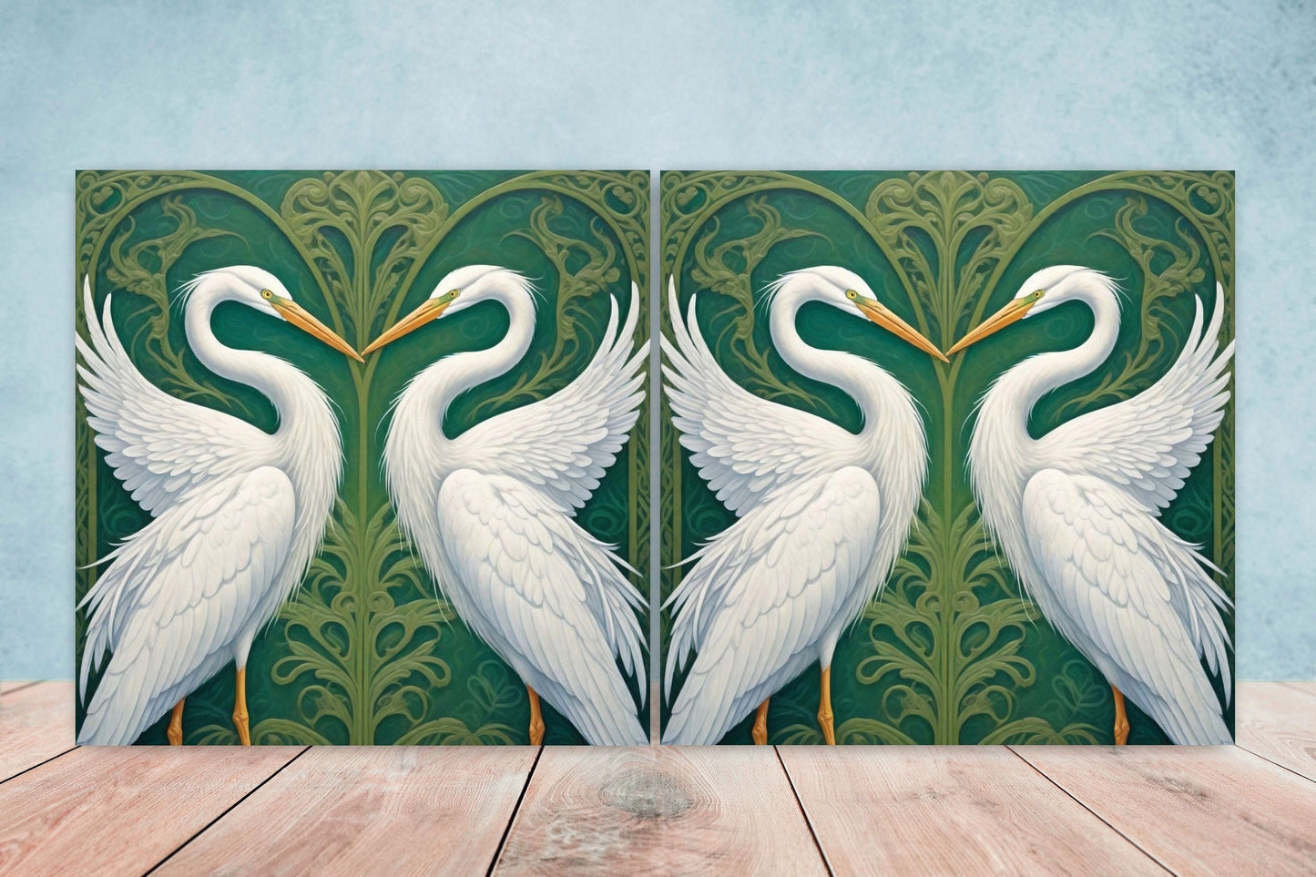 Art Nouveau Heron Ceramic tiles -Set of 2 Art Nouveau Bird Wall Decor Tiles, Bird Tiles, Bird Art - Kitchen Backsplash Tiles, Bathroom Tiles