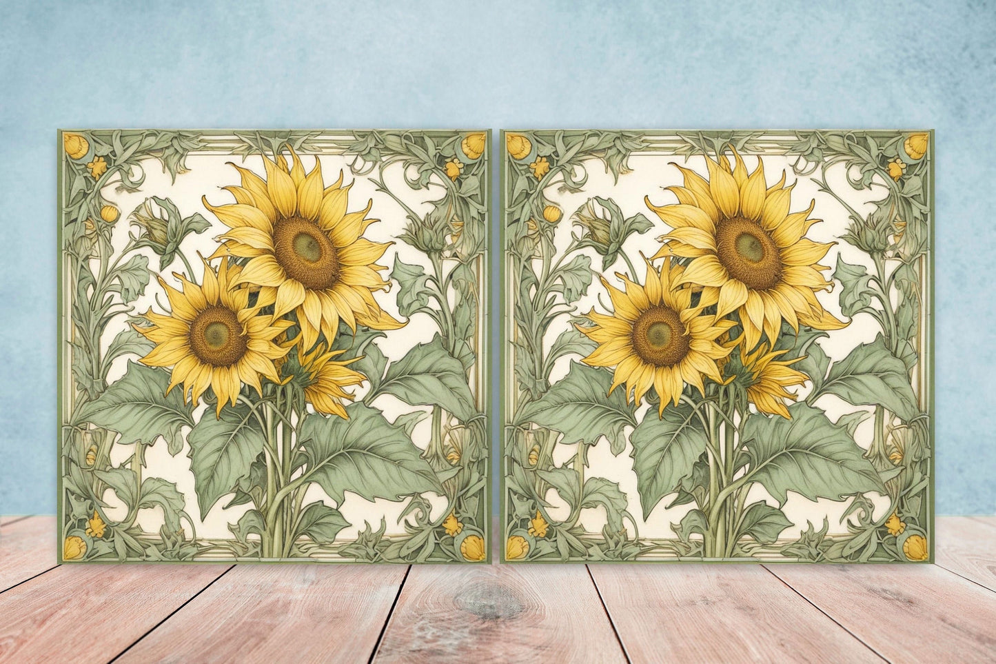 Art Nouveau Flower Ceramic Tiles - Set of 2 Art Nouveau Wall Decor Tiles - Kitchen Backsplash Tiles, Table Decorative Tiles, Bathroom Tiles