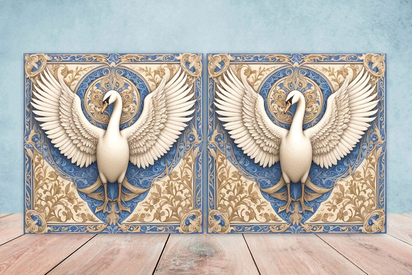 Art Nouveau Swan Ceramic tiles - Set of 2 Art Nouveau Bird Wall Decor Tiles, Bird Tiles, Swan Art - Kitchen Backsplash Tiles, Bathroom Tiles