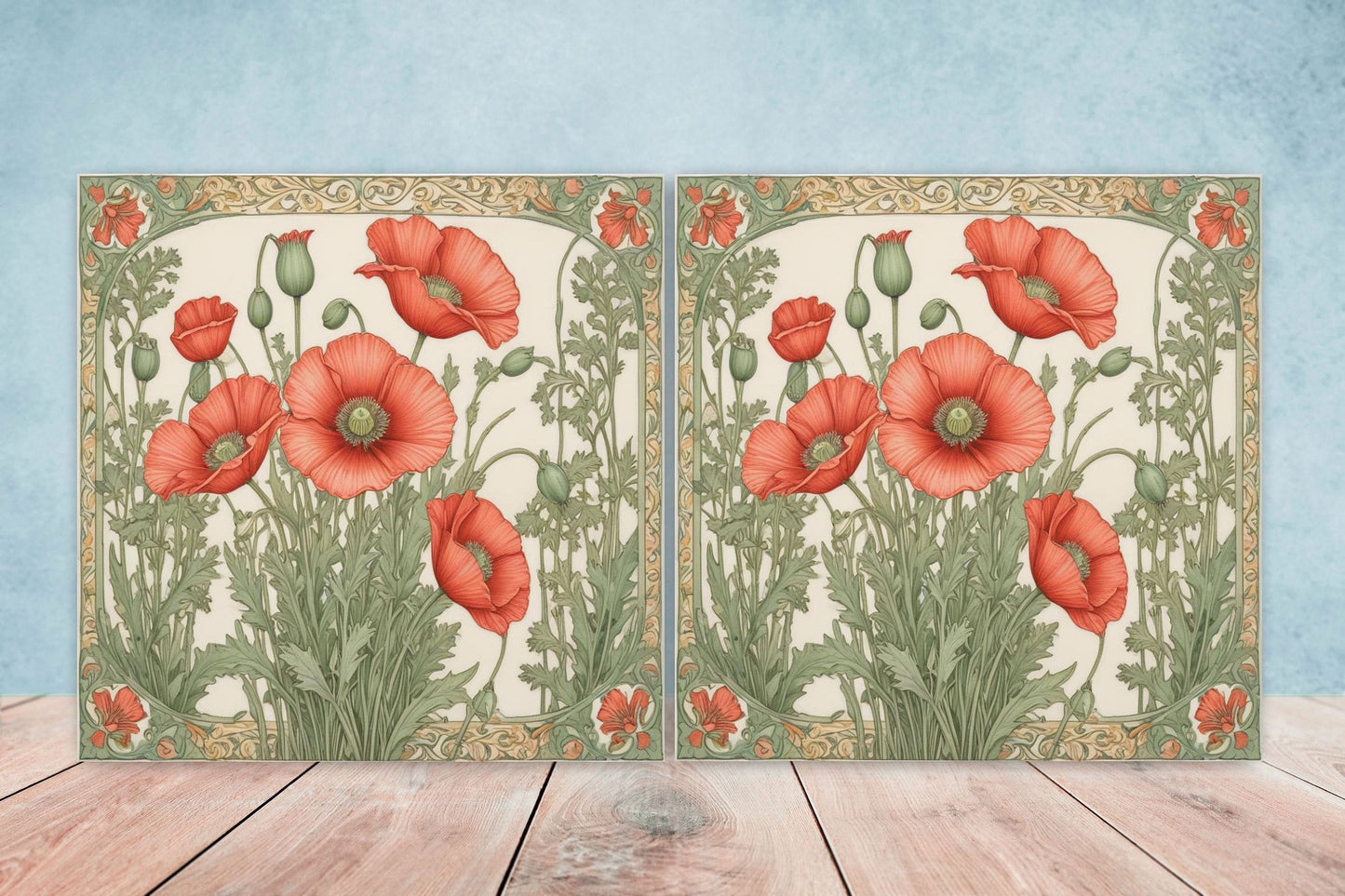 Art Nouveau Flower Poppy Ceramic Tiles -Set of 2 Art Nouveau Wall Decor Tiles-Kitchen Backsplash Tiles,Table Decorative Tiles,Bathroom Tiles