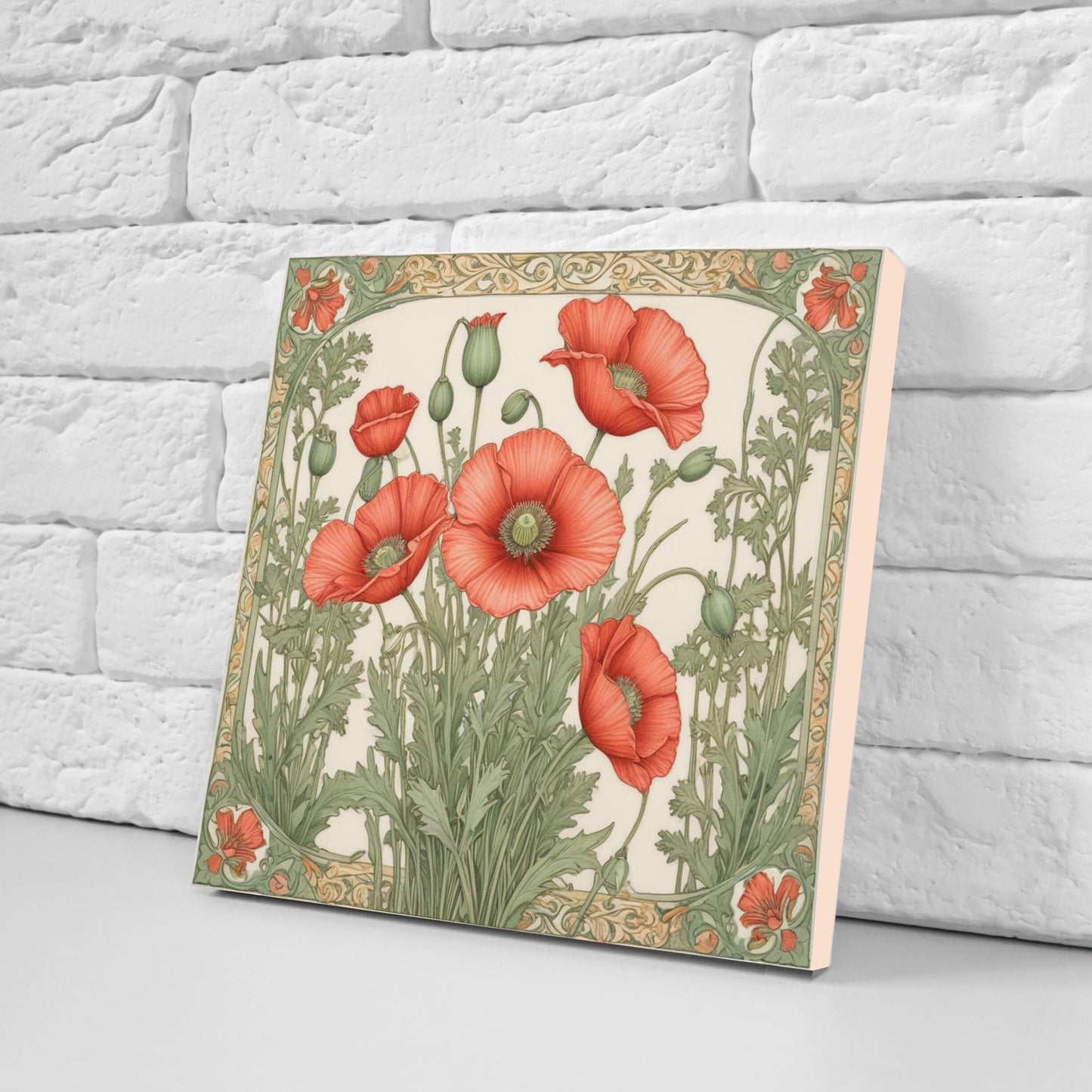 Art Nouveau Flower Poppy Ceramic Tiles -Set of 2 Art Nouveau Wall Decor Tiles-Kitchen Backsplash Tiles,Table Decorative Tiles,Bathroom Tiles