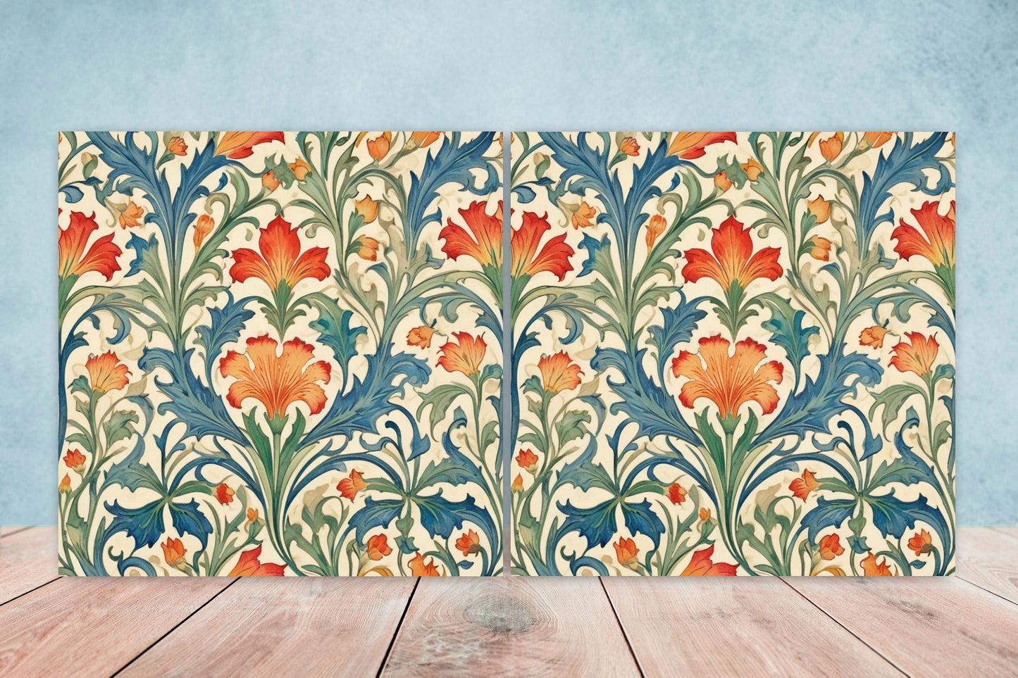 Art Nouveau Flower Ceramic Tiles - Set of 2 Art Nouveau Wall Decor Tiles - Kitchen Backsplash Tiles, Table Decorative Tiles, Bathroom Tiles