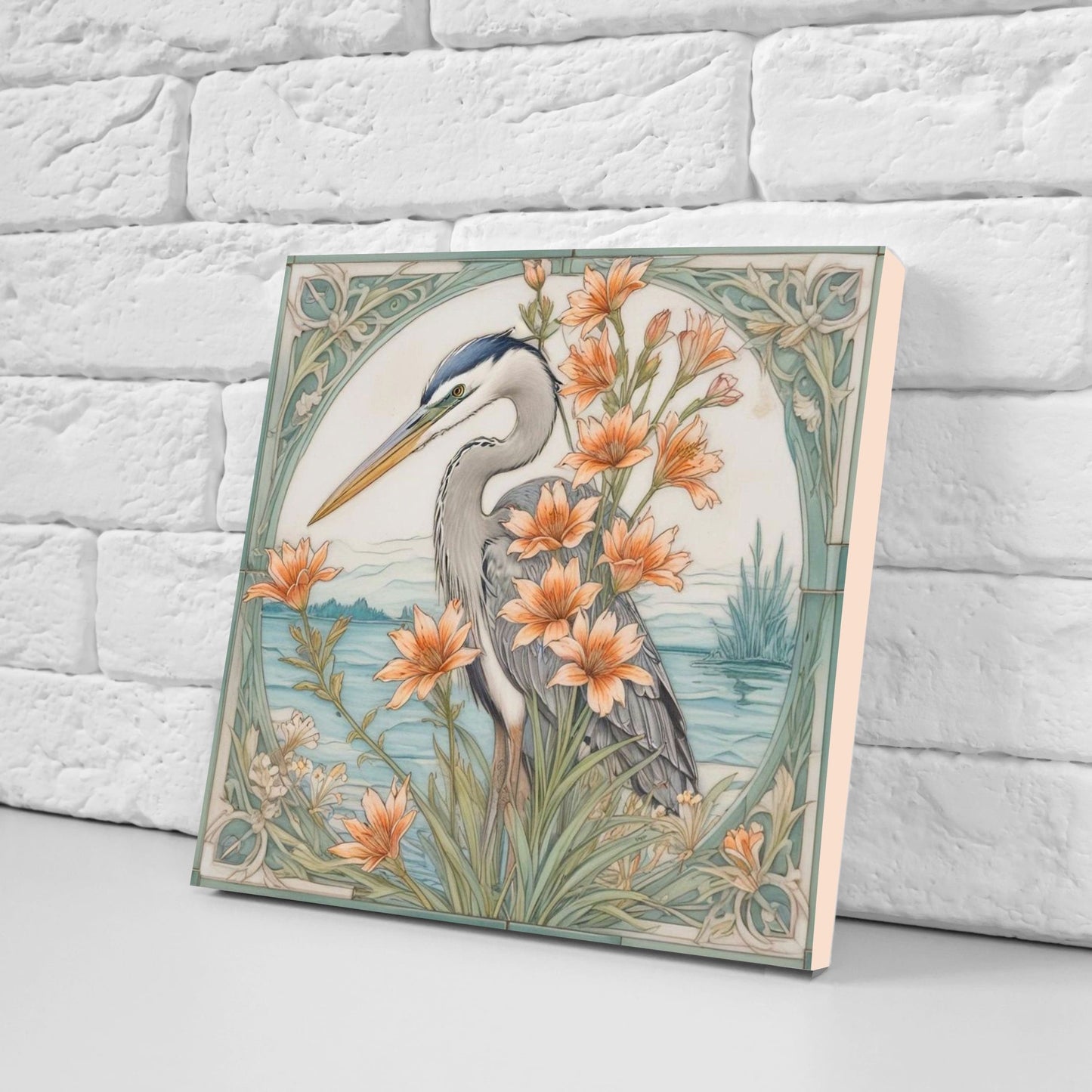 Art Nouveau Heron Ceramic tiles -Set of 2 Art Nouveau Bird Wall Decor Tiles, Bird Tiles, Bird Art - Kitchen Backsplash Tiles, Bathroom Tiles
