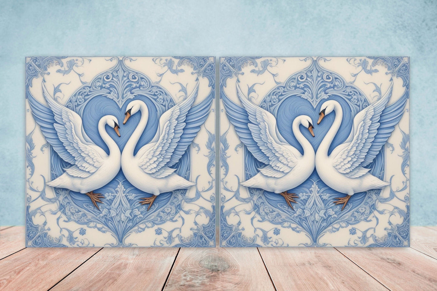 Art Nouveau Swan Ceramic tiles - Set of 2 Art Nouveau Bird Wall Decor Tiles, Bird Tiles, Swan Art - Kitchen Backsplash Tiles, Bathroom Tiles