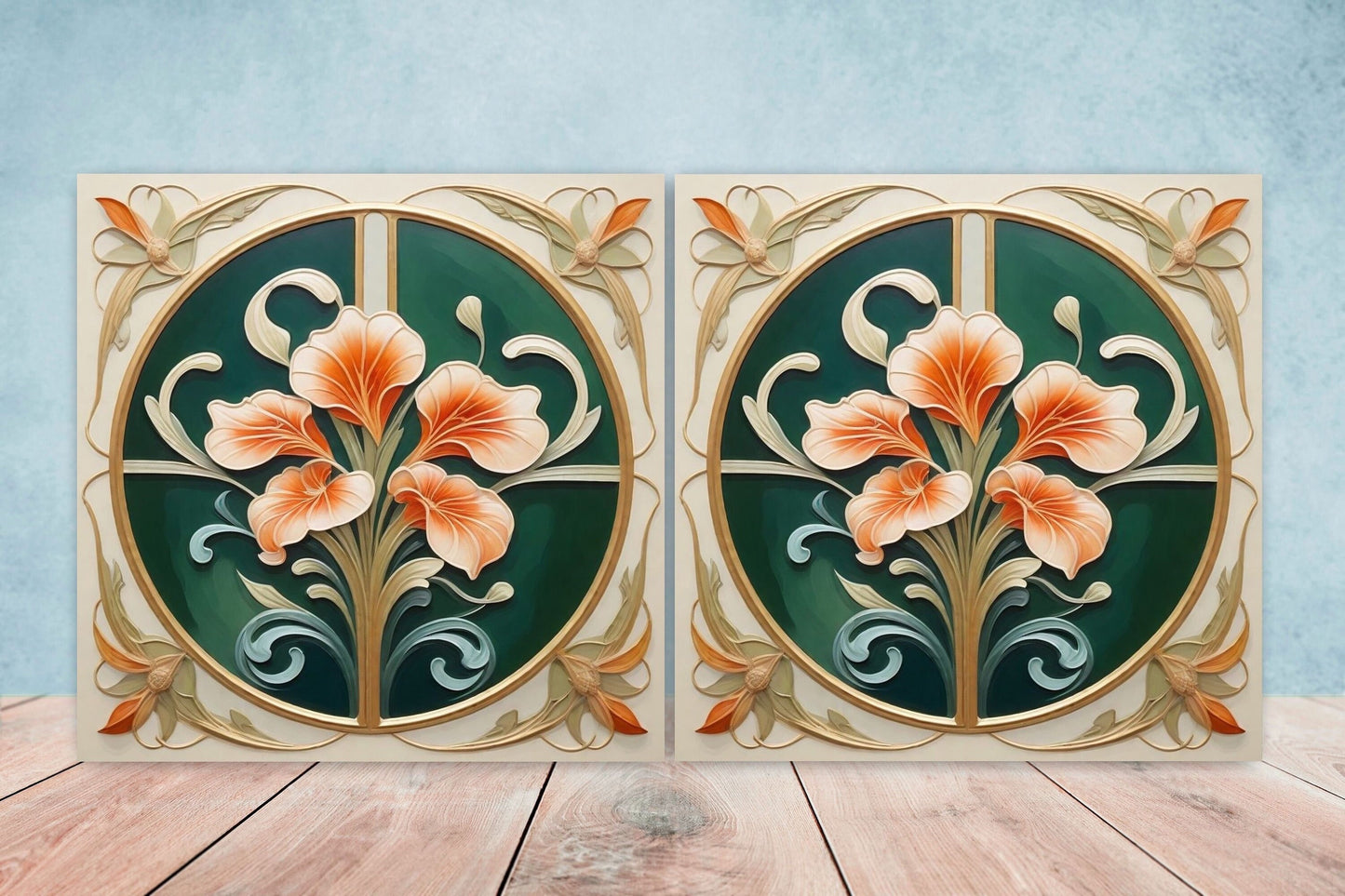 Art Nouveau Flower Ceramic Tiles - Set of 2 Art Nouveau Wall Decor Tiles - Kitchen Backsplash Tiles, Table Decorative Tiles, Bathroom Tiles