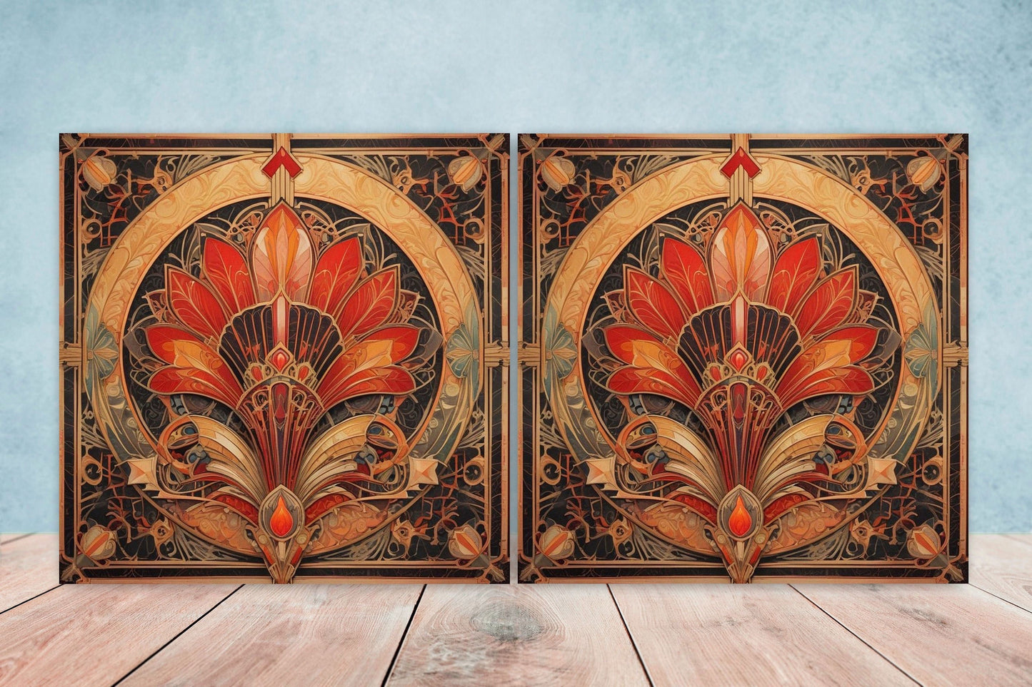 Art Deco Ceramic tiles - Set of 2 Art Deco Wall Decor Geometric Tiles - Kitchen Backsplash Tiles, Table Decorative Tiles, Bathroom Tiles