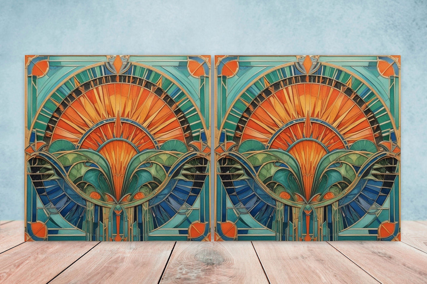 Art Deco Ceramic tiles - Set of 2 Art Deco Wall Decor Geometric Tiles - Kitchen Backsplash Tiles, Table Decorative Tiles, Bathroom Tiles