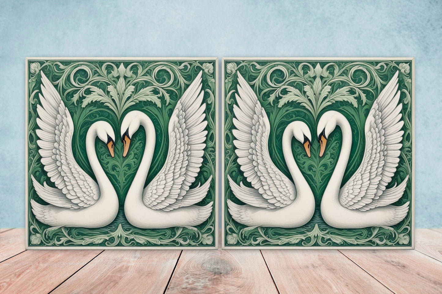 Art Nouveau Swan Ceramic tiles - Set of 2 Art Nouveau Bird Wall Decor Tiles, Bird Tiles, Swan Art - Kitchen Backsplash Tiles, Bathroom Tiles