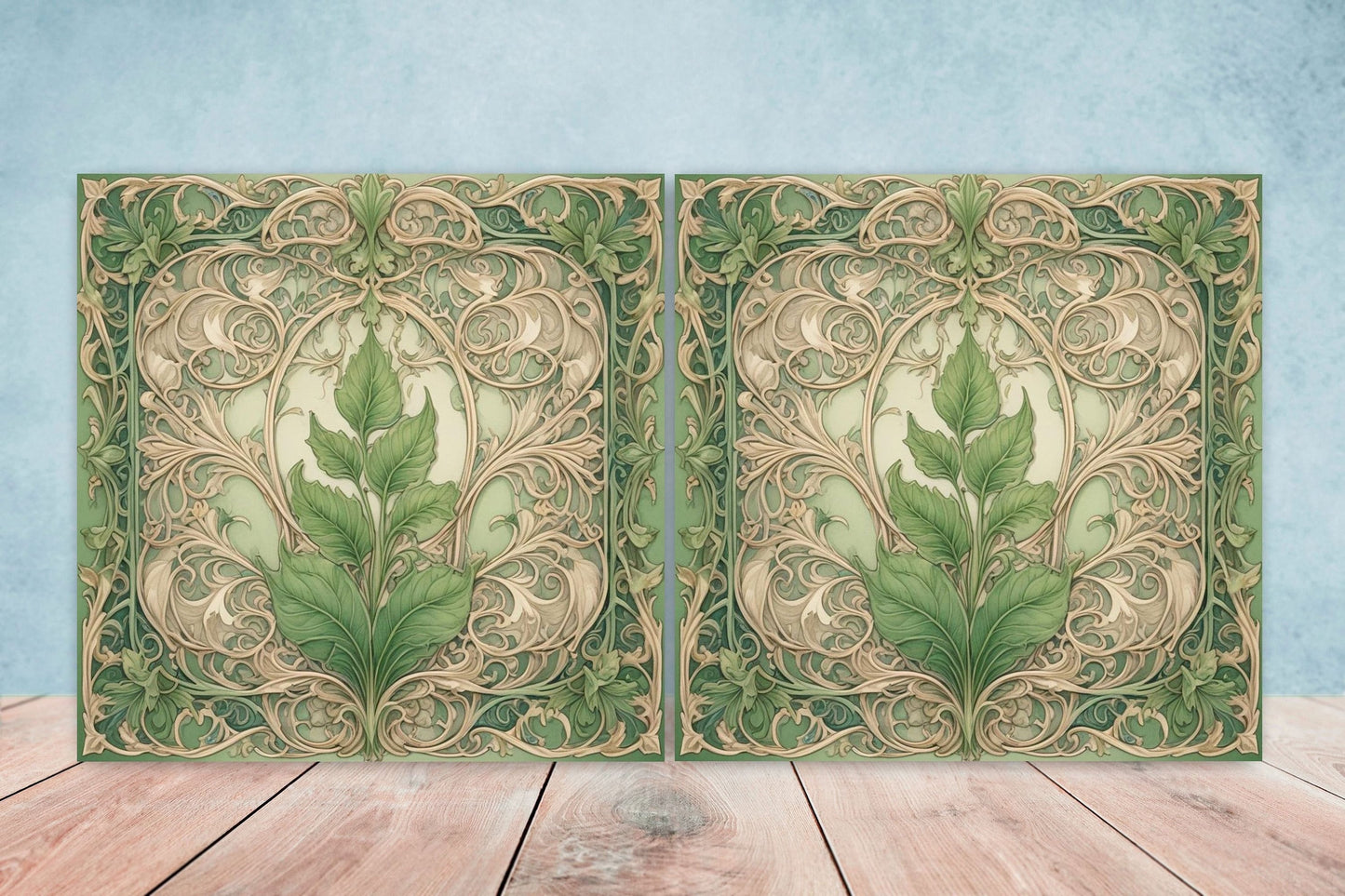 Art Nouveau Leaf Ceramic Tiles - Set of 2 Art Nouveau Wall Decor Tiles - Kitchen Backsplash Tiles, Table Decorative Tiles, Bathroom Tiles