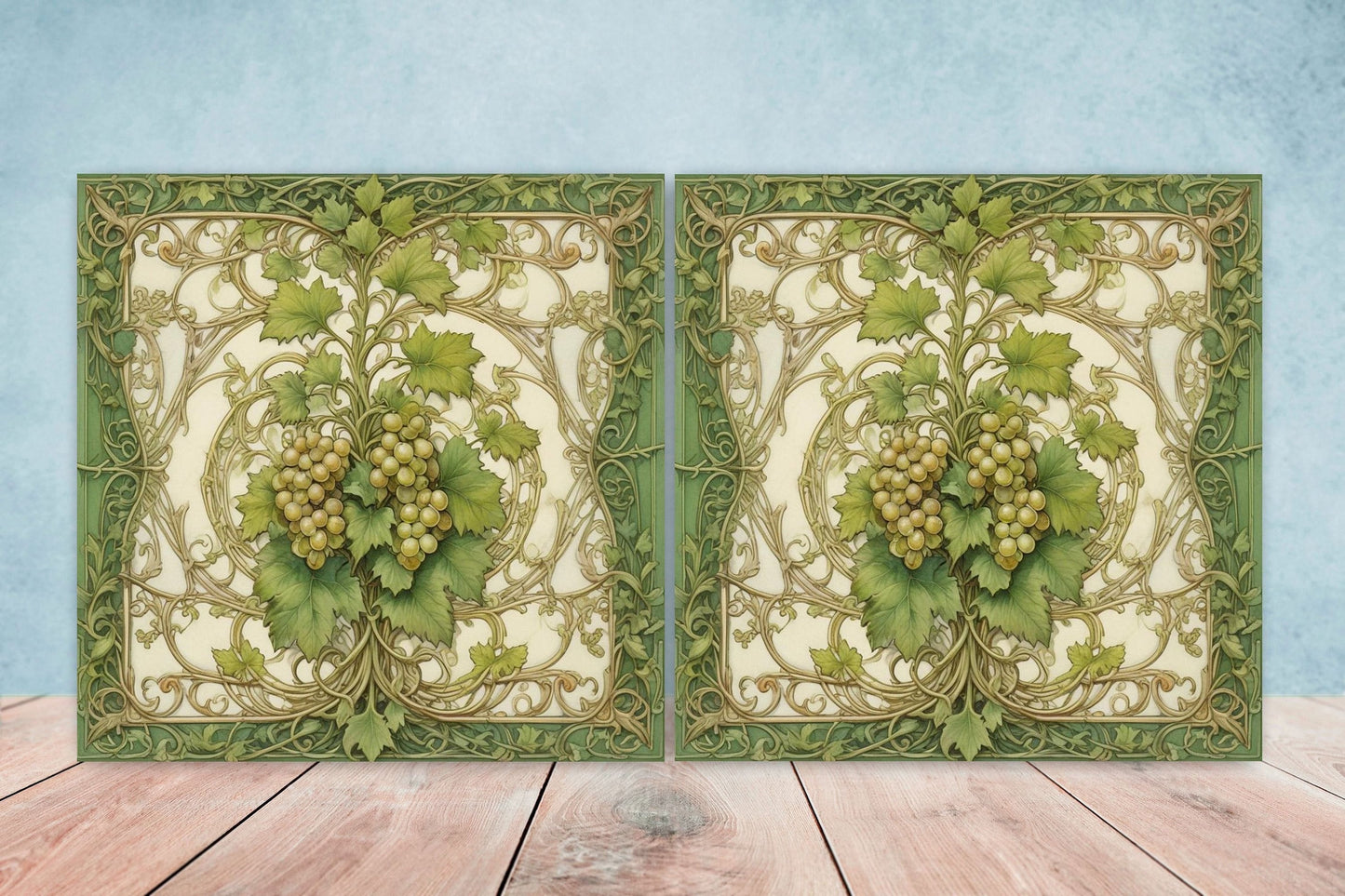 Art Nouveau Fruit Ceramic Tiles - Set of 2 Art Nouveau Wall Decor Tiles - Kitchen Backsplash Tiles, Table Decorative Tiles, Bathroom Tiles