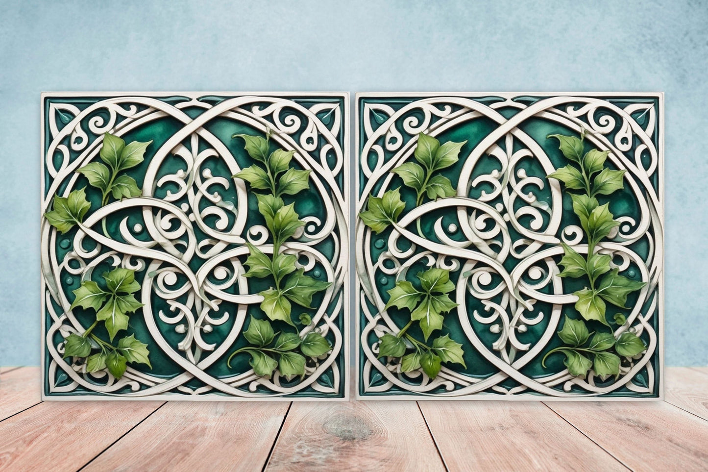 Art Nouveau Leaf Ceramic Tiles - Set of 2 Art Nouveau Wall Decor Tiles - Kitchen Backsplash Tiles, Table Decorative Tiles, Bathroom Tiles