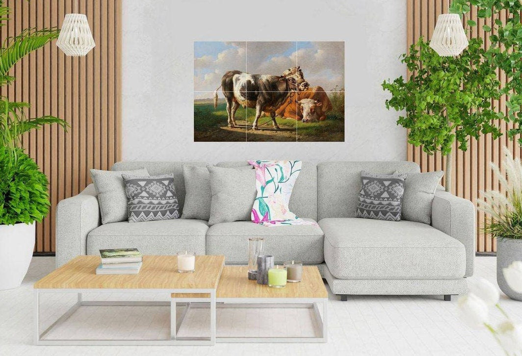 Tile Mural/Mosaic Ceramic Panel of Young Bull and Lying Cow - Albert Verhoesen Print -Cows Print - Tile Cow Mural - Gloss Tiles -Tile Mosaic