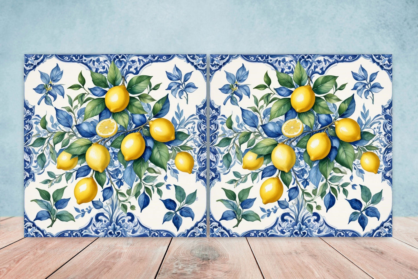 Italian Majolica Lemon Tiles - Set of 2 Italian Wall Decor Tiles - Kitchen Backsplash Tiles, Table Decorative Tiles, Bathroom Tiles, Coaster